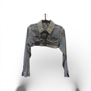 Custom blue Jean Jacket with Pearl Details and channel broach